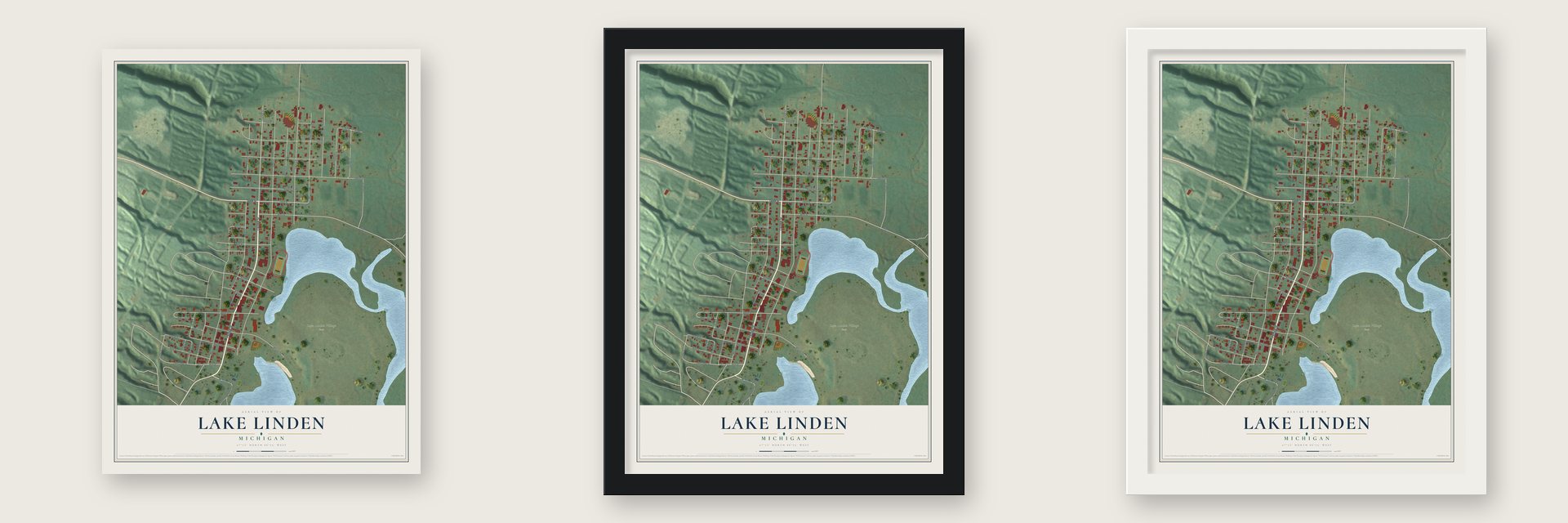 Lake Linden, Michigan map unframed, in a black wood frame and in a white wood frame