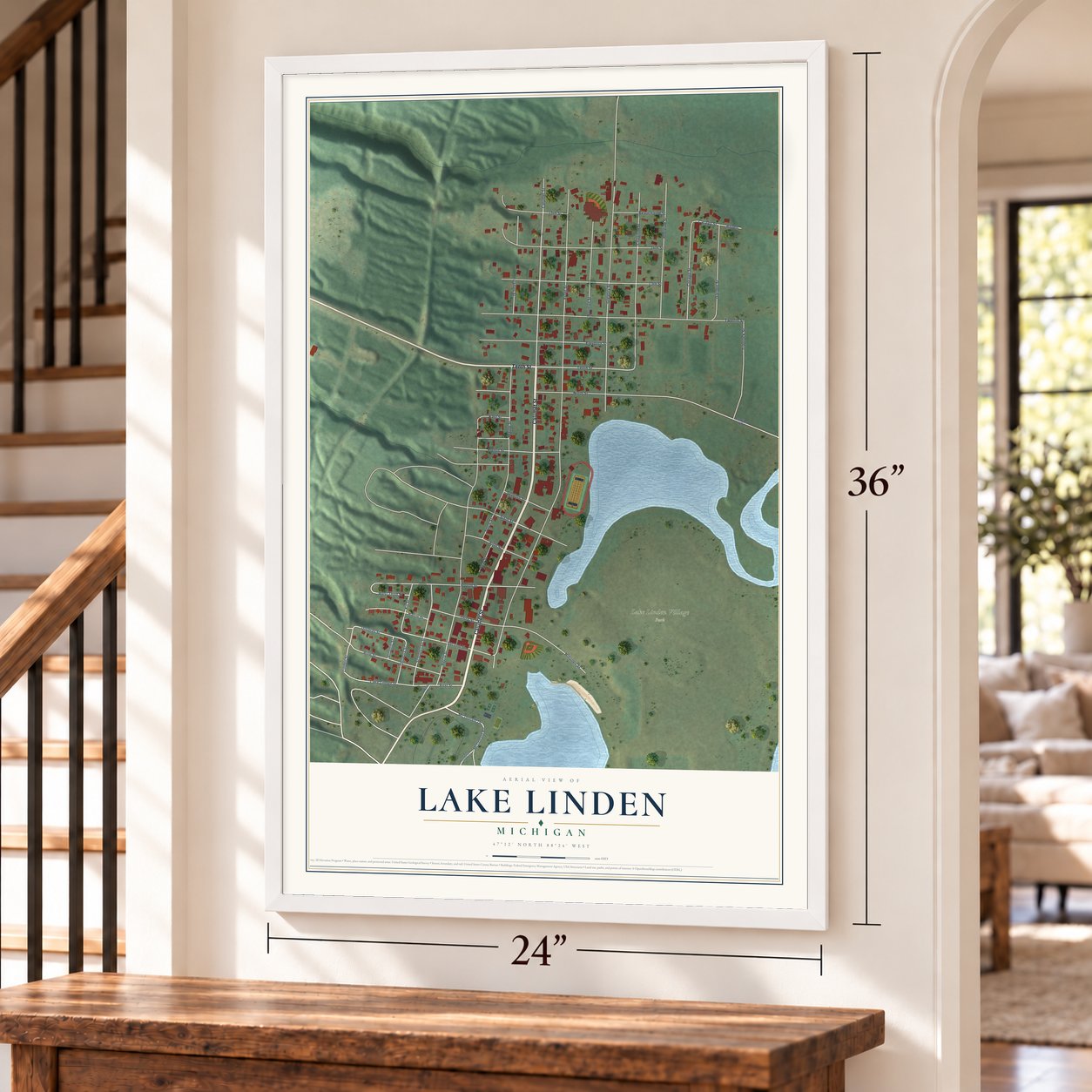 Lake Linden, Michigan map, 24 x 36 inch print in a white frame by a staircase