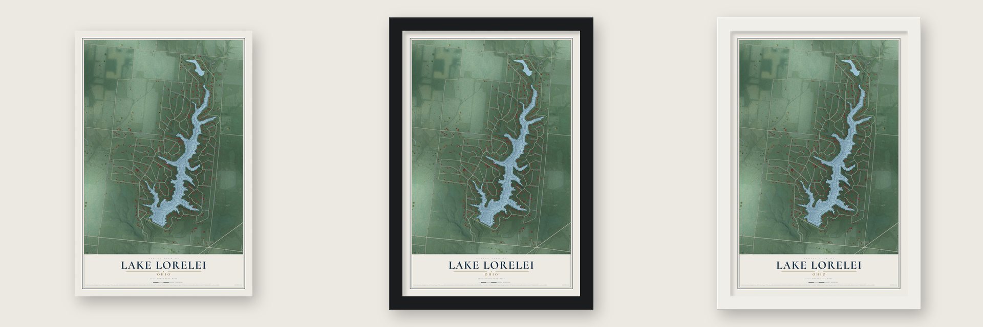 Lake Lorelei, Ohio map unframed, in a black wood frame and in a white wood frame