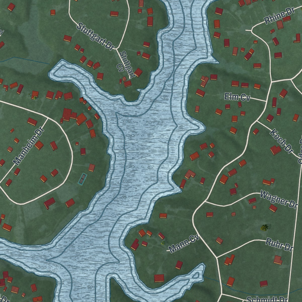 Second close-up of the map of Lake Lorelei, Ohio print showing more streets and buildings