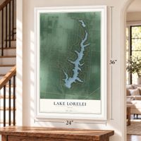Lake Lorelei, Ohio map, 24 x 36 inch print in a white frame by a staircase