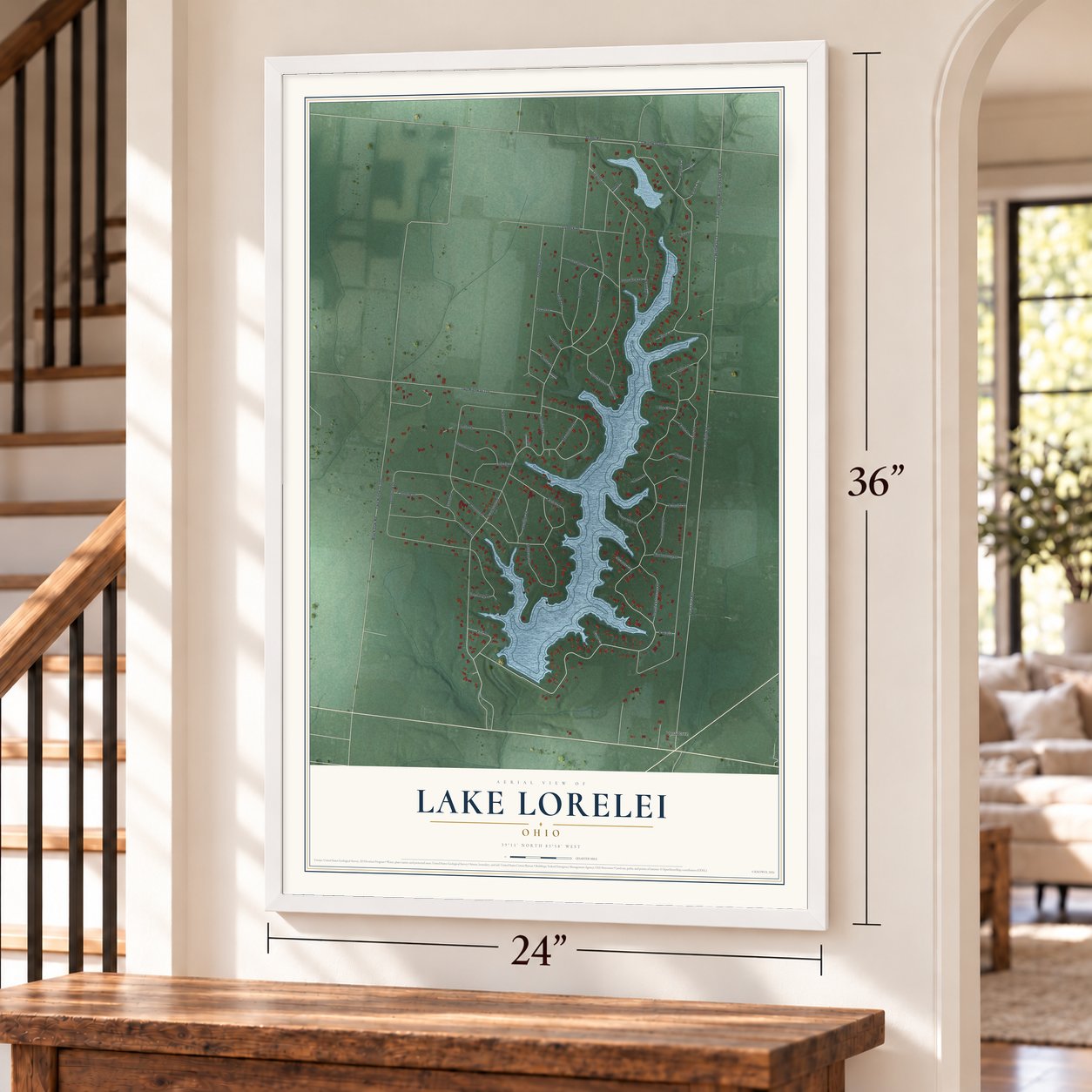 Lake Lorelei, Ohio map, 24 x 36 inch print in a white frame by a staircase