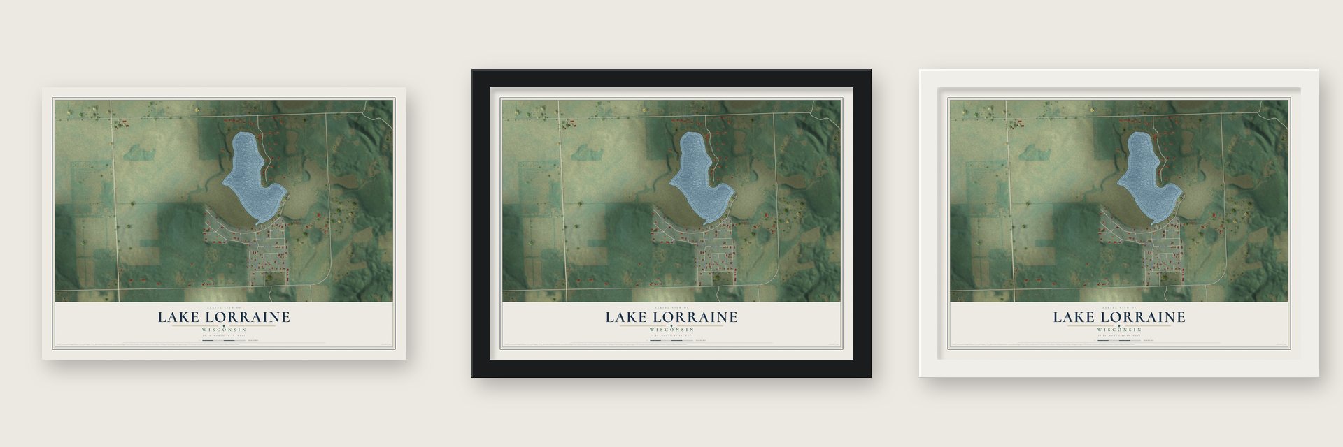 Lake Lorraine, Wisconsin map unframed, in a black wood frame and in a white wood frame