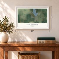 Lake Lorraine, Wisconsin map, 12 x 18 inch print in a white frame in an entryway