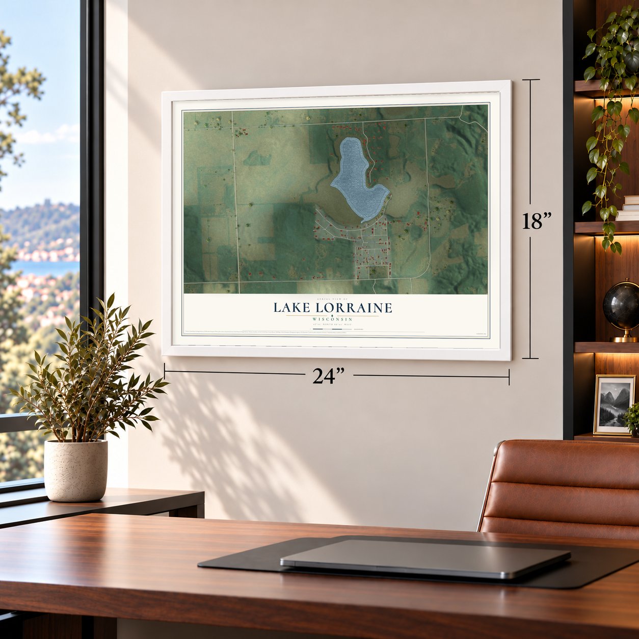 Lake Lorraine, Wisconsin map, 18 x 24 inch print in a white frame in a home office