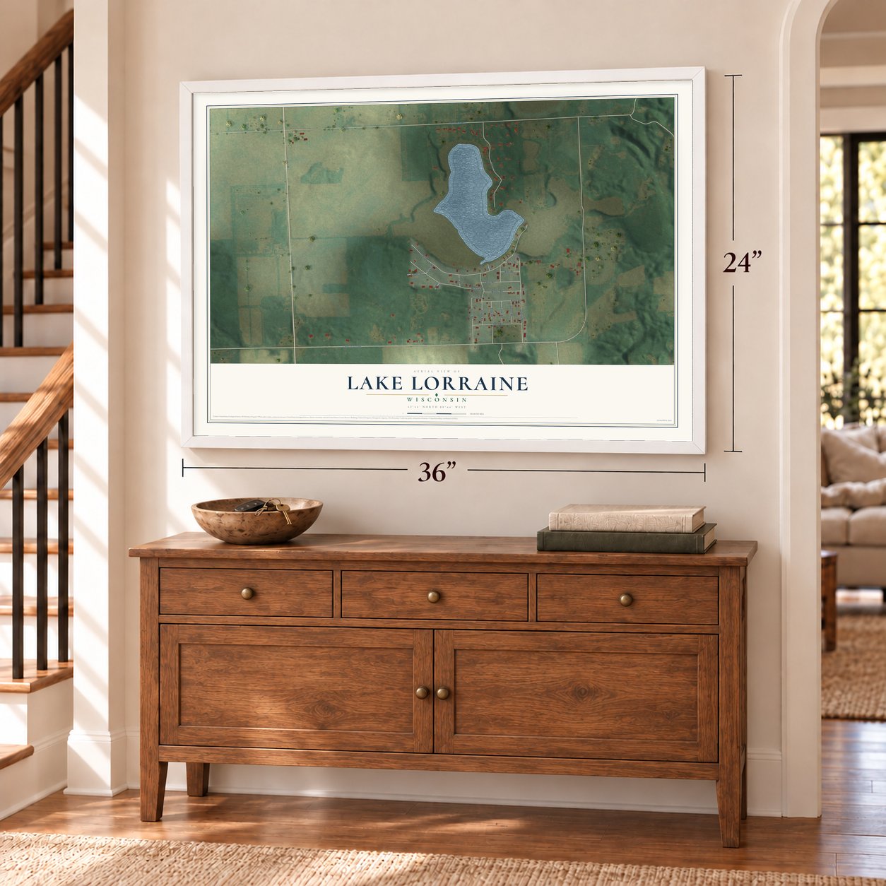 Lake Lorraine, Wisconsin map, 24 x 36 inch print in a white frame above a dresser by a staircase
