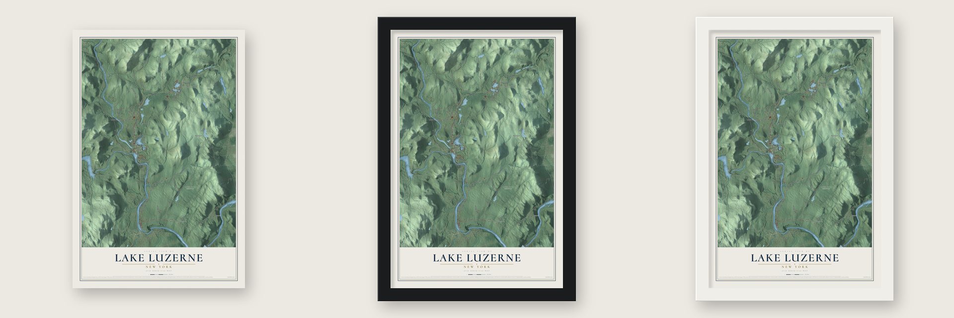 Lake Luzerne, New York map unframed, in a black wood frame and in a white wood frame