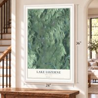 Lake Luzerne, New York map, 24 x 36 inch print in a white frame by a staircase