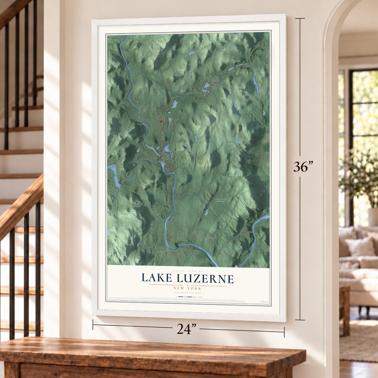 Lake Luzerne, New York map, 24 x 36 inch print in a white frame by a staircase