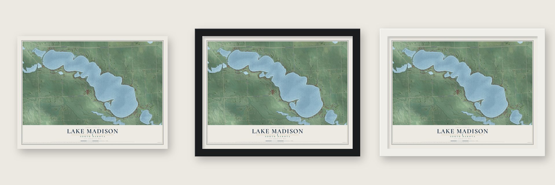 Lake Madison, South Dakota map unframed, in a black wood frame and in a white wood frame