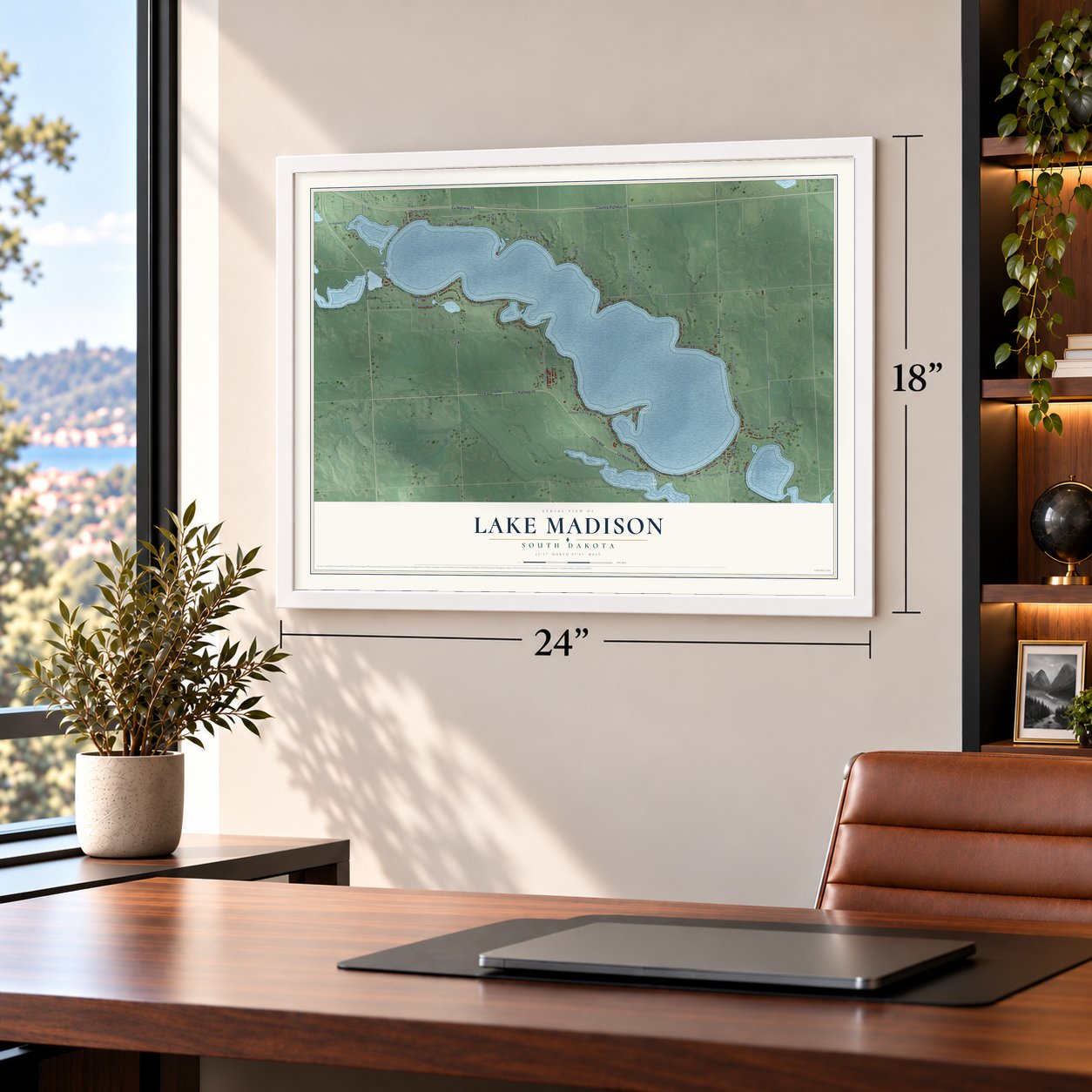 Lake Madison, South Dakota map, 18 x 24 inch print in a white frame in a home office