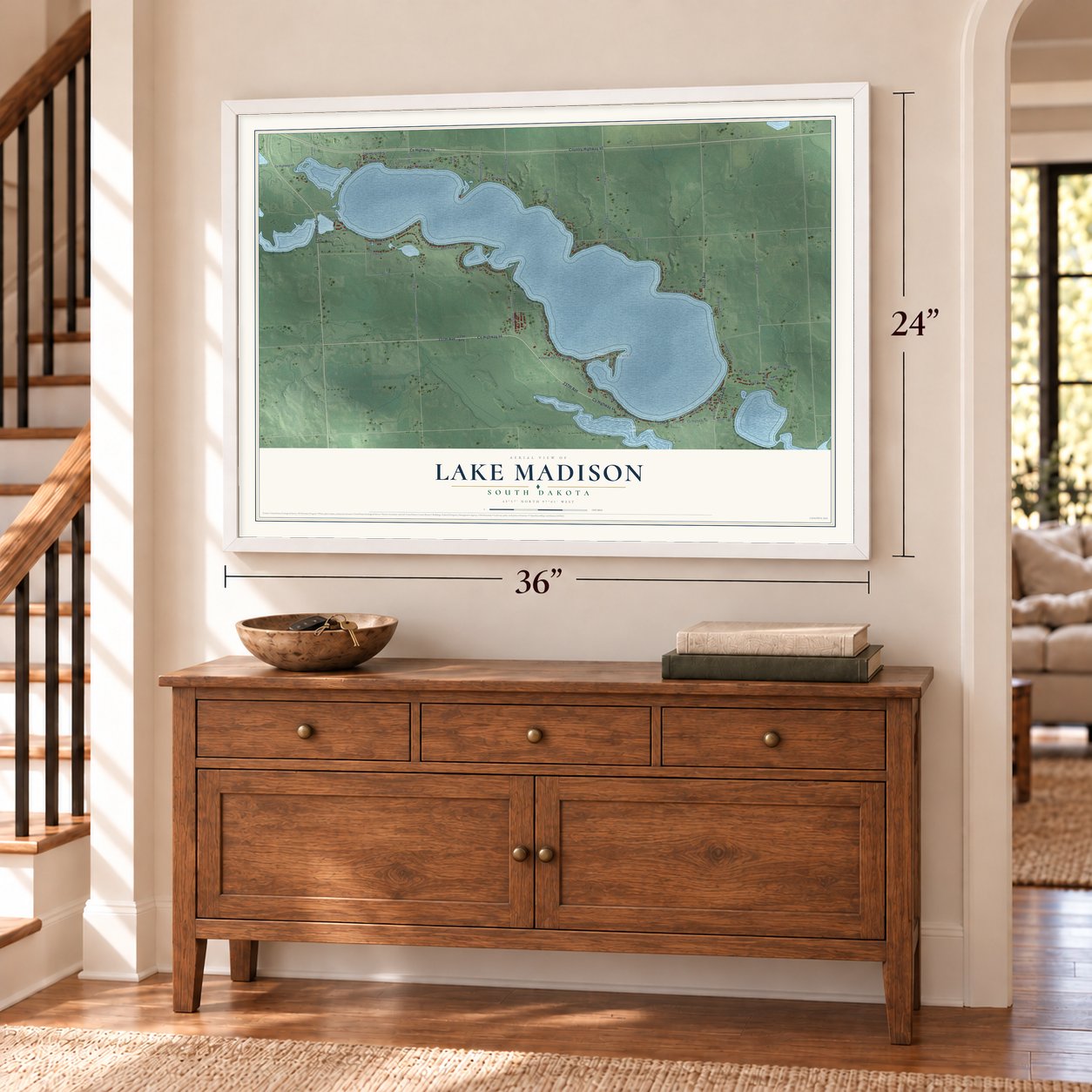 Lake Madison, South Dakota map, 24 x 36 inch print in a white frame above a dresser by a staircase