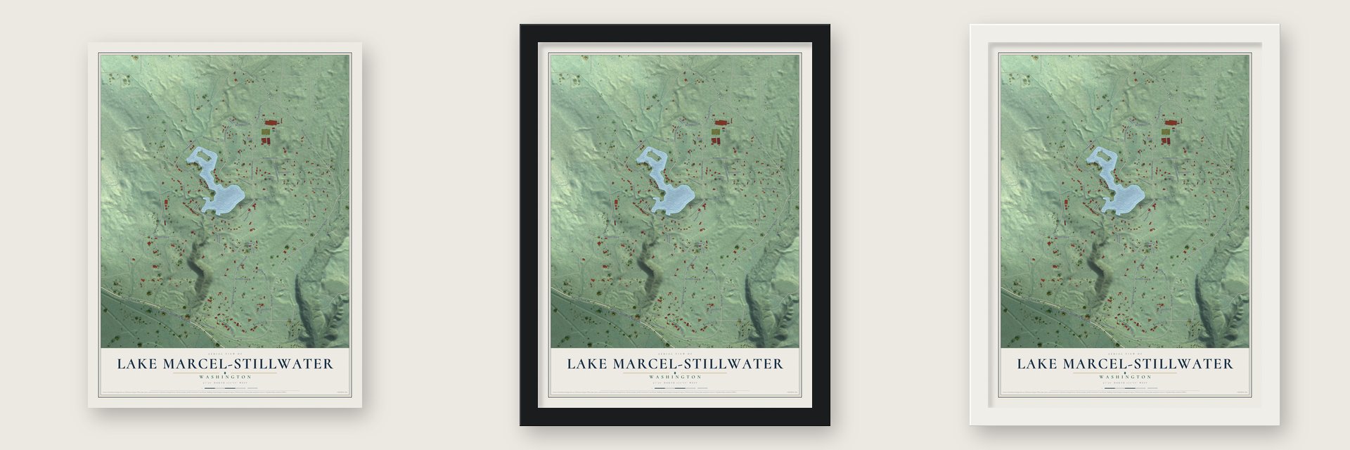 Lake Marcel-Stillwater, Washington map unframed, in a black wood frame and in a white wood frame
