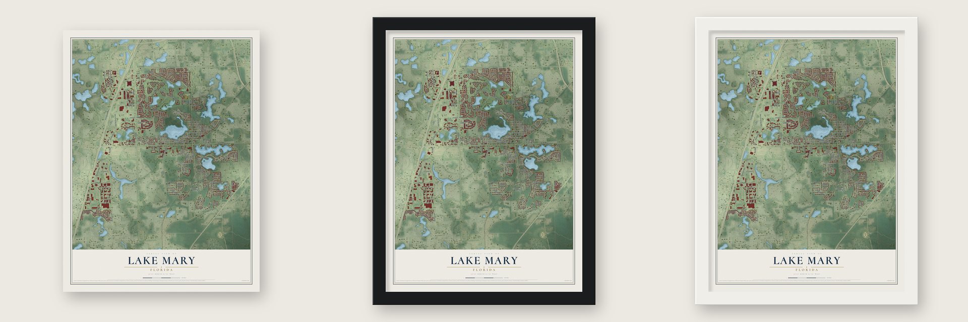 Lake Mary, Florida map unframed, in a black wood frame and in a white wood frame