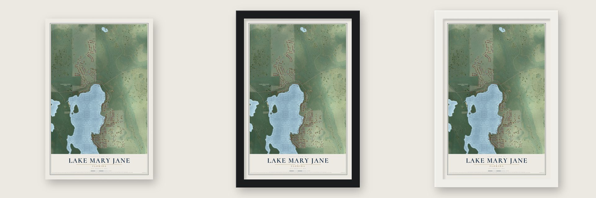 Lake Mary Jane, Florida map unframed, in a black wood frame and in a white wood frame