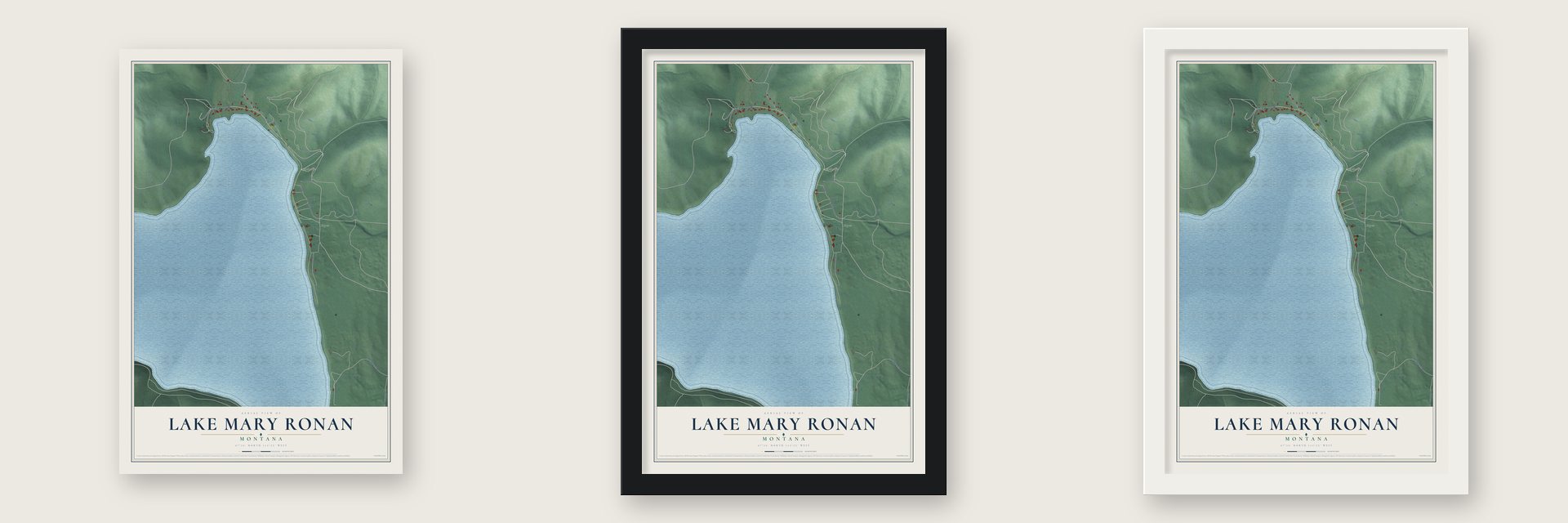 Lake Mary Ronan, Montana map unframed, in a black wood frame and in a white wood frame