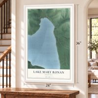 Lake Mary Ronan, Montana map, 24 x 36 inch print in a white frame by a staircase
