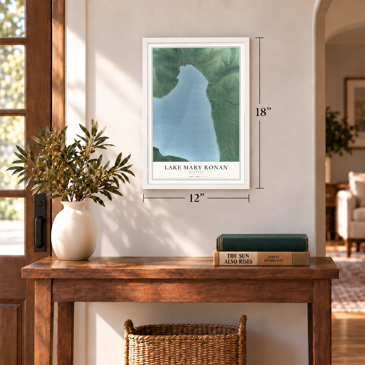 Lake Mary Ronan, Montana map, 12 x 18 inch print in a white frame in an entryway