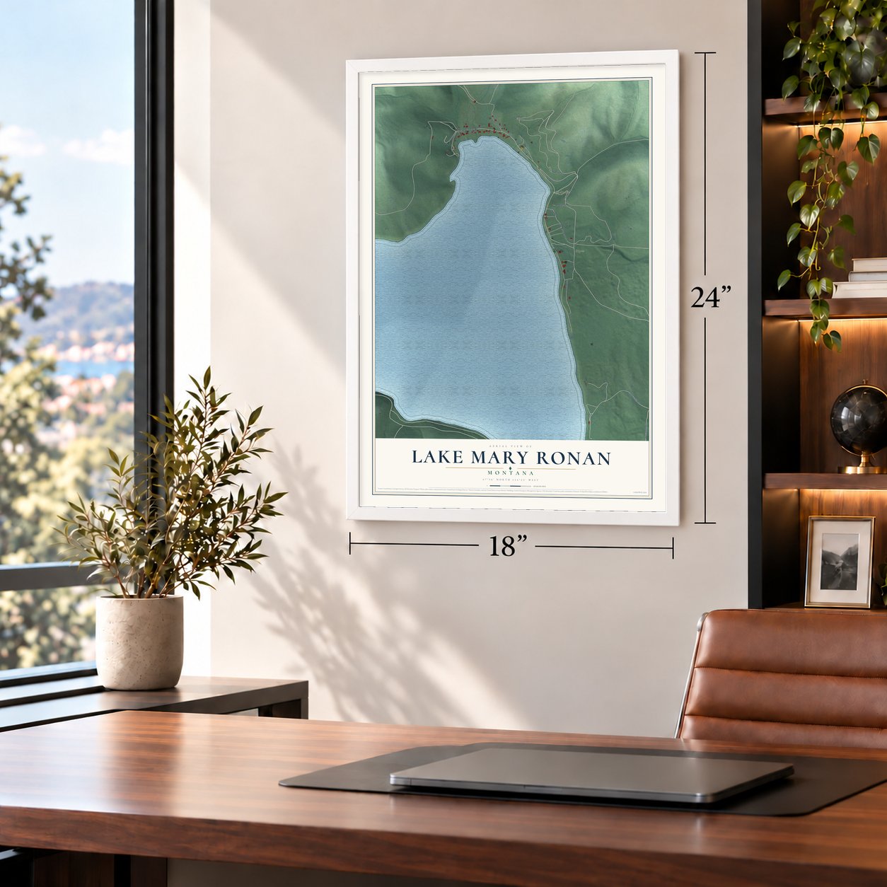 Lake Mary Ronan, Montana map, 18 x 24 inch print in a white frame in a home office