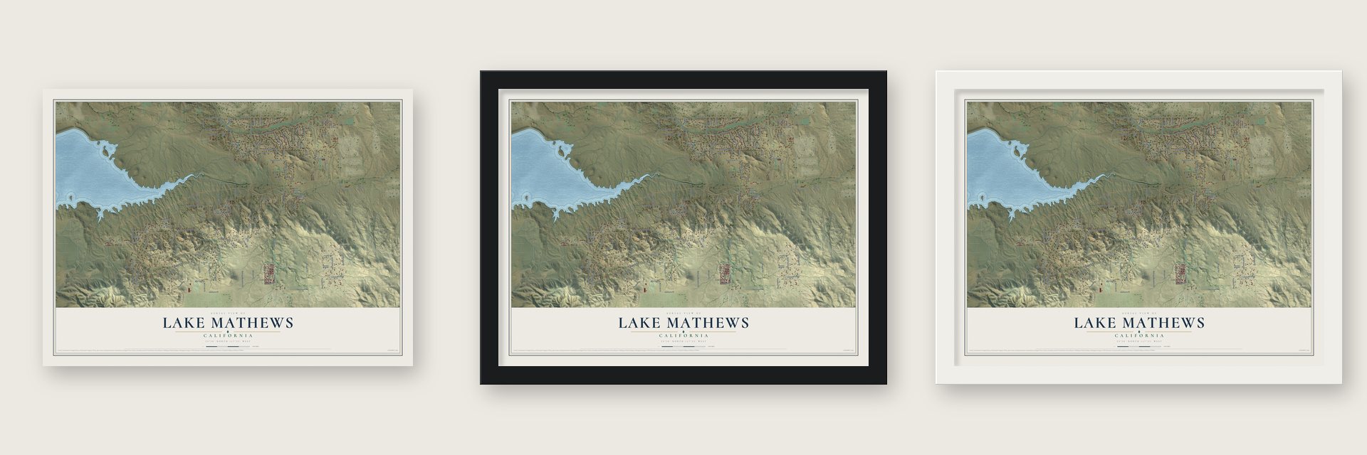 Lake Mathews, California map unframed, in a black wood frame and in a white wood frame