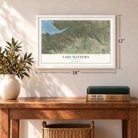 Lake Mathews, California map, 12 x 18 inch print in a white frame in an entryway