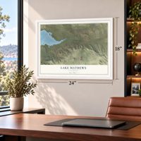Lake Mathews, California map, 18 x 24 inch print in a white frame in a home office