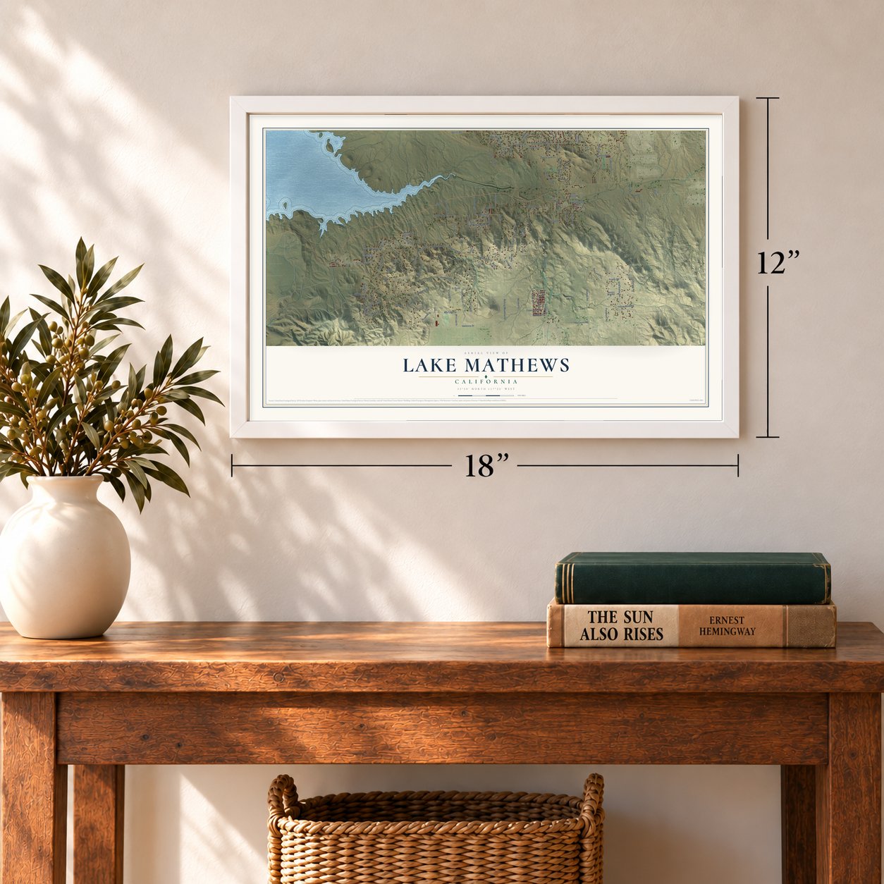 Lake Mathews, California map, 12 x 18 inch print in a white frame in an entryway