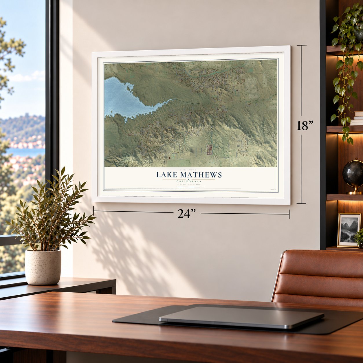 Lake Mathews, California map, 18 x 24 inch print in a white frame in a home office