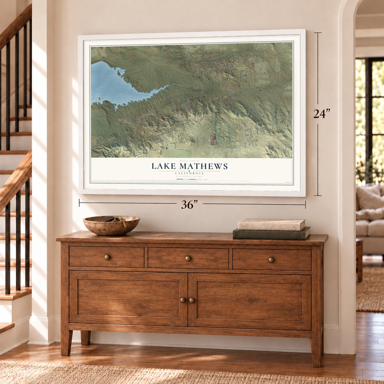 Lake Mathews, California map, 24 x 36 inch print in a white frame above a dresser by a staircase