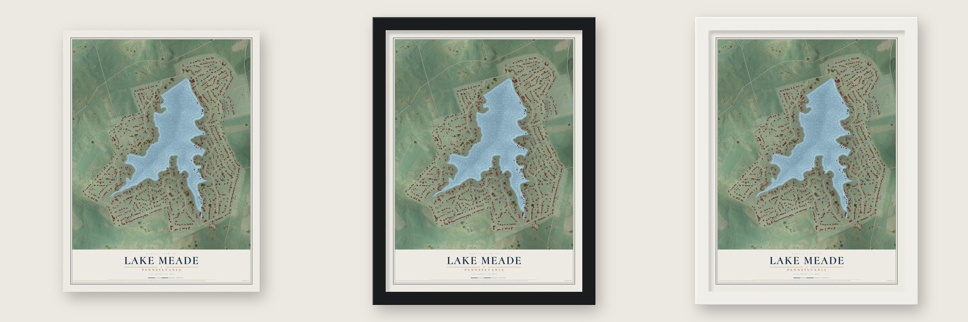 Lake Meade, Pennsylvania map unframed, in a black wood frame and in a white wood frame