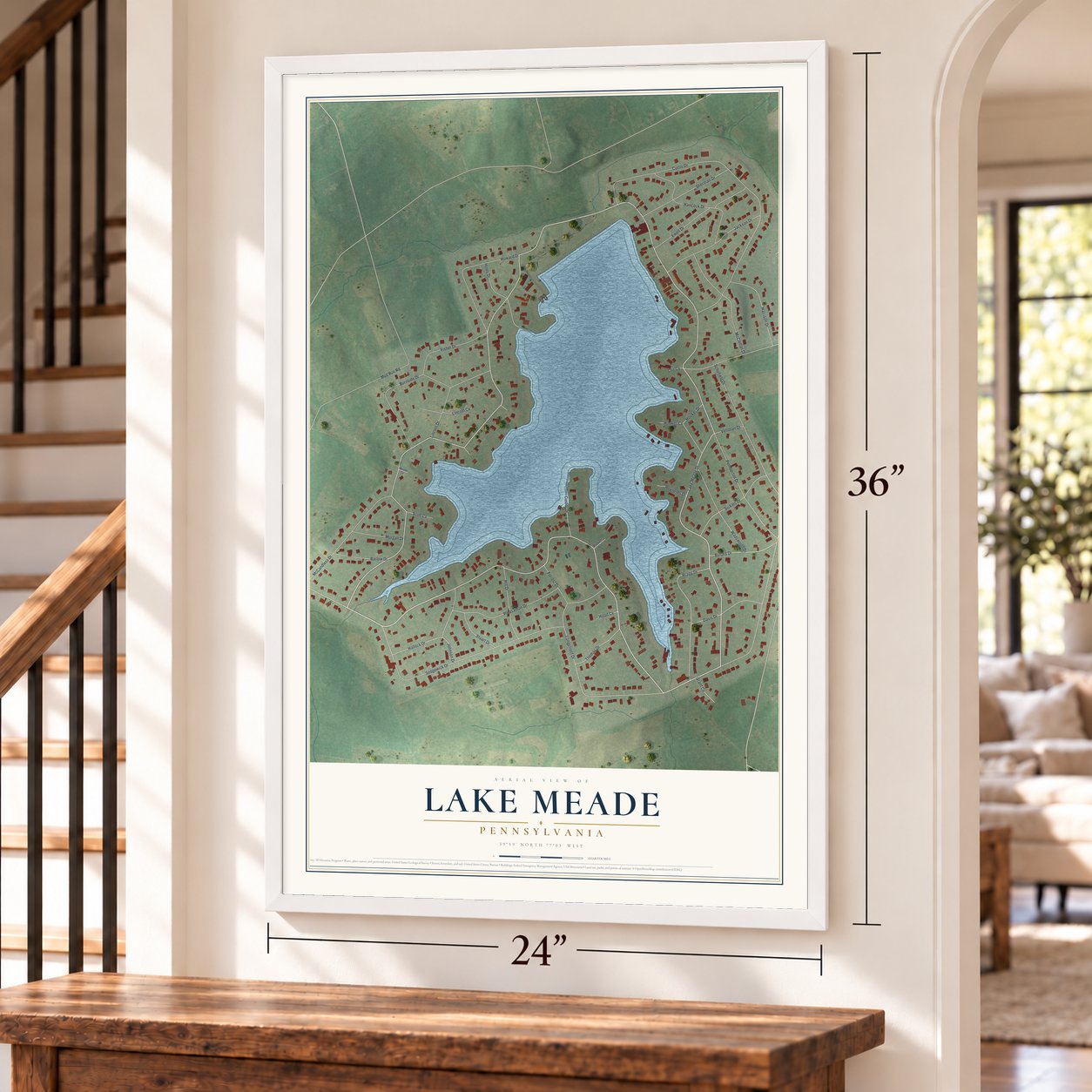 Lake Meade, Pennsylvania map, 24 x 36 inch print in a white frame by a staircase
