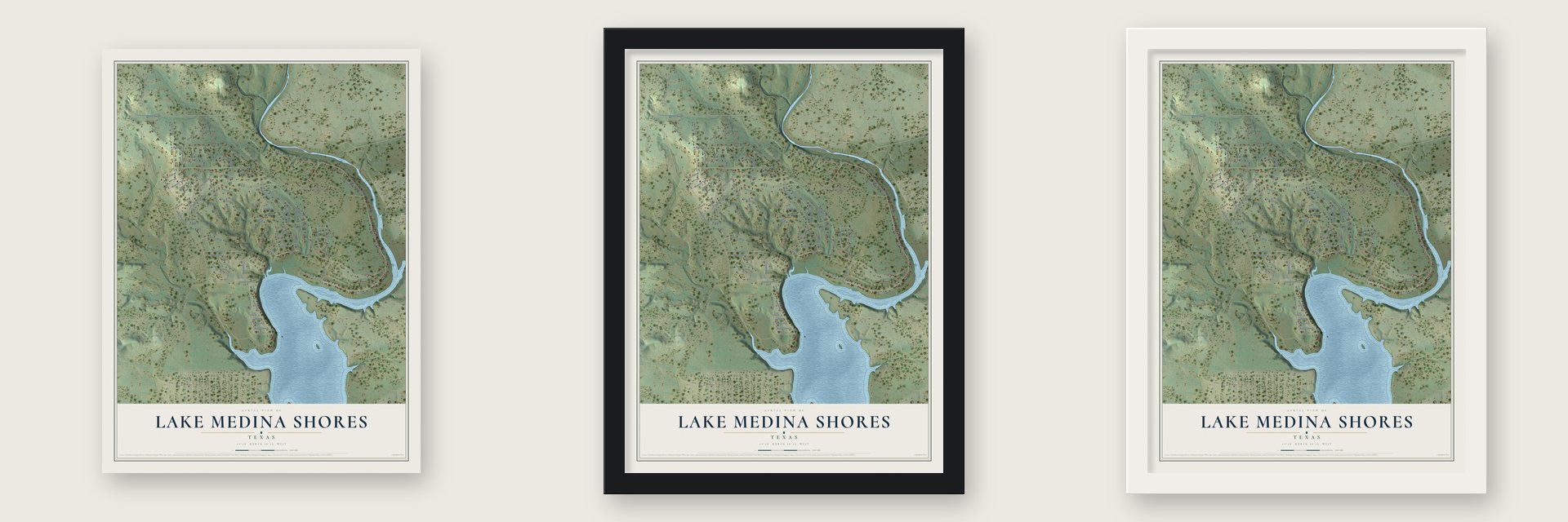 Lake Medina Shores, Texas map unframed, in a black wood frame and in a white wood frame