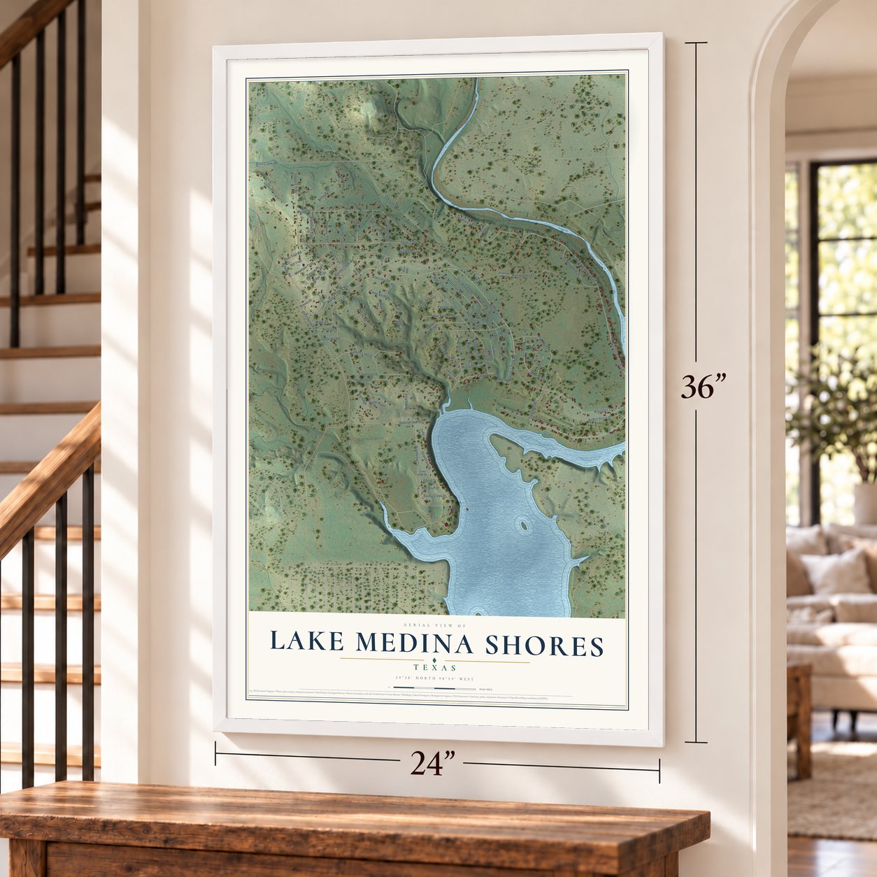 Lake Medina Shores, Texas map, 24 x 36 inch print in a white frame by a staircase