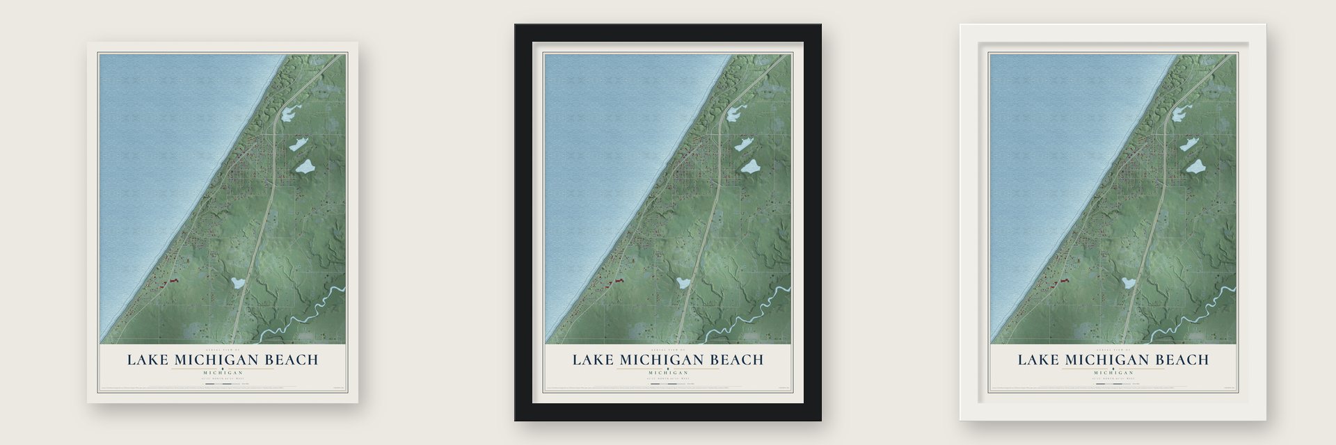 Lake Michigan Beach, Michigan map unframed, in a black wood frame and in a white wood frame