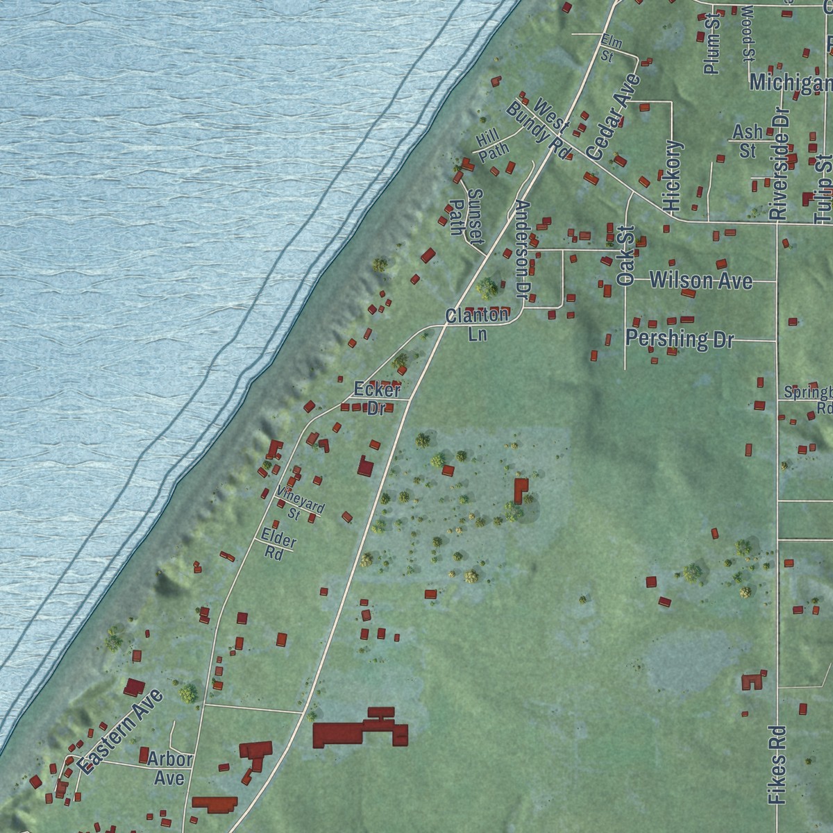 Second close-up of the map of Lake Michigan Beach, Michigan print showing more streets and buildings