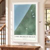 Lake Michigan Beach, Michigan map, 24 x 36 inch print in a white frame by a staircase