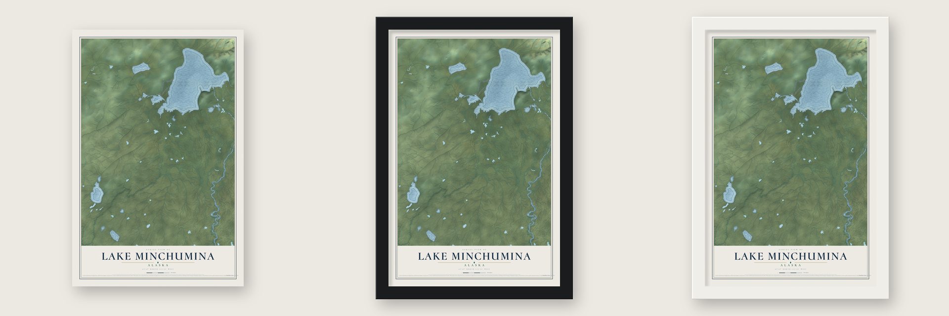 Lake Minchumina, Alaska map unframed, in a black wood frame and in a white wood frame