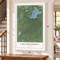 Lake Minchumina, Alaska map, 24 x 36 inch print in a white frame by a staircase