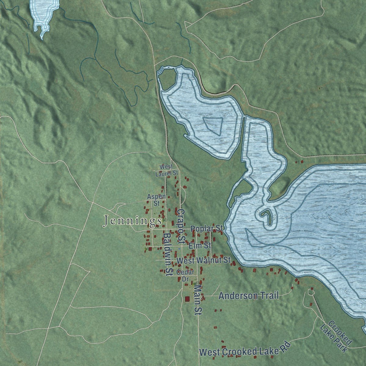 Second close-up of the map of Lake, Missaukee County, Michigan print showing more streets and buildings