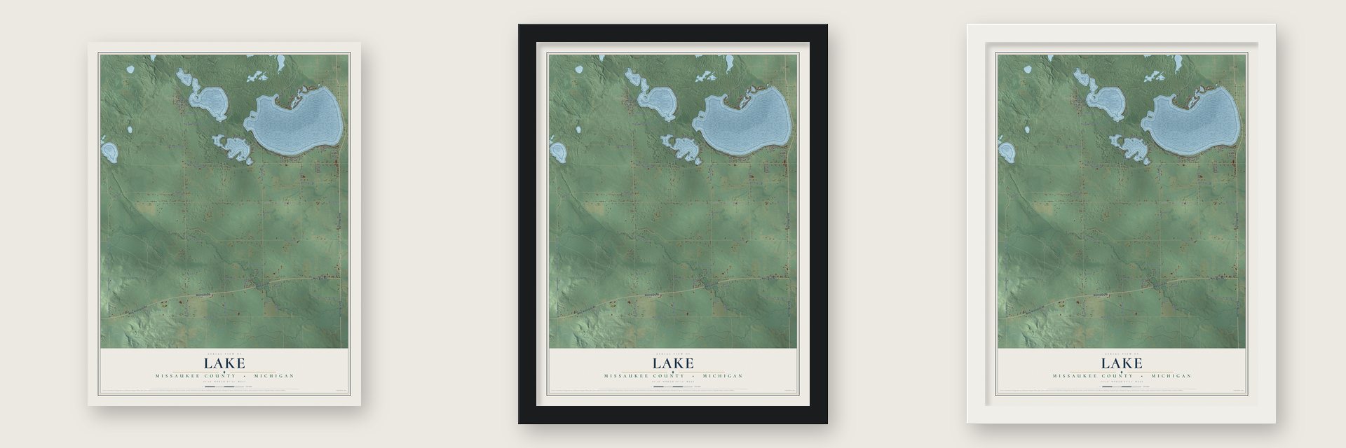 Lake, Missaukee County, Michigan map unframed, in a black wood frame and in a white wood frame