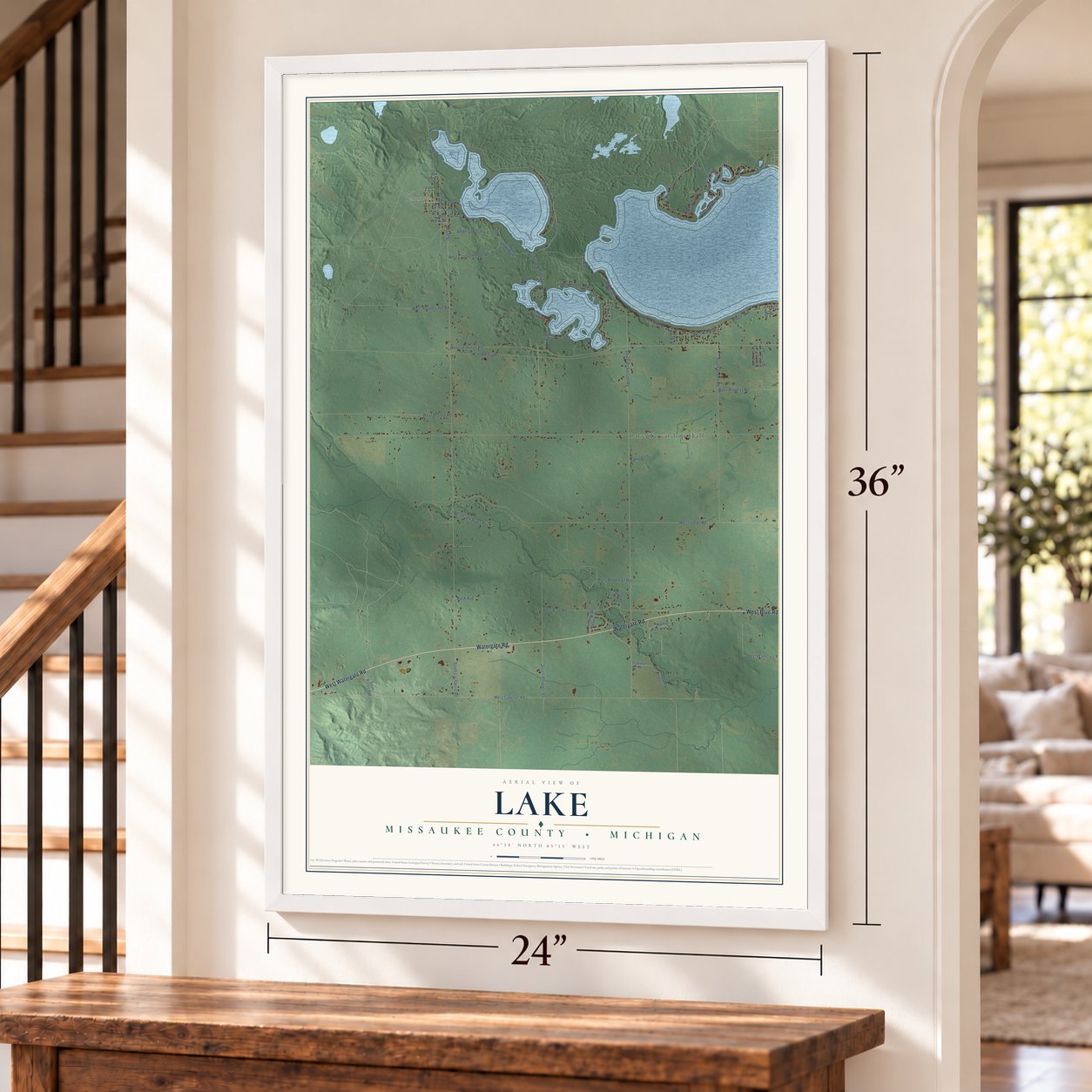 Lake, Missaukee County, Michigan map, 24 x 36 inch print in a white frame by a staircase