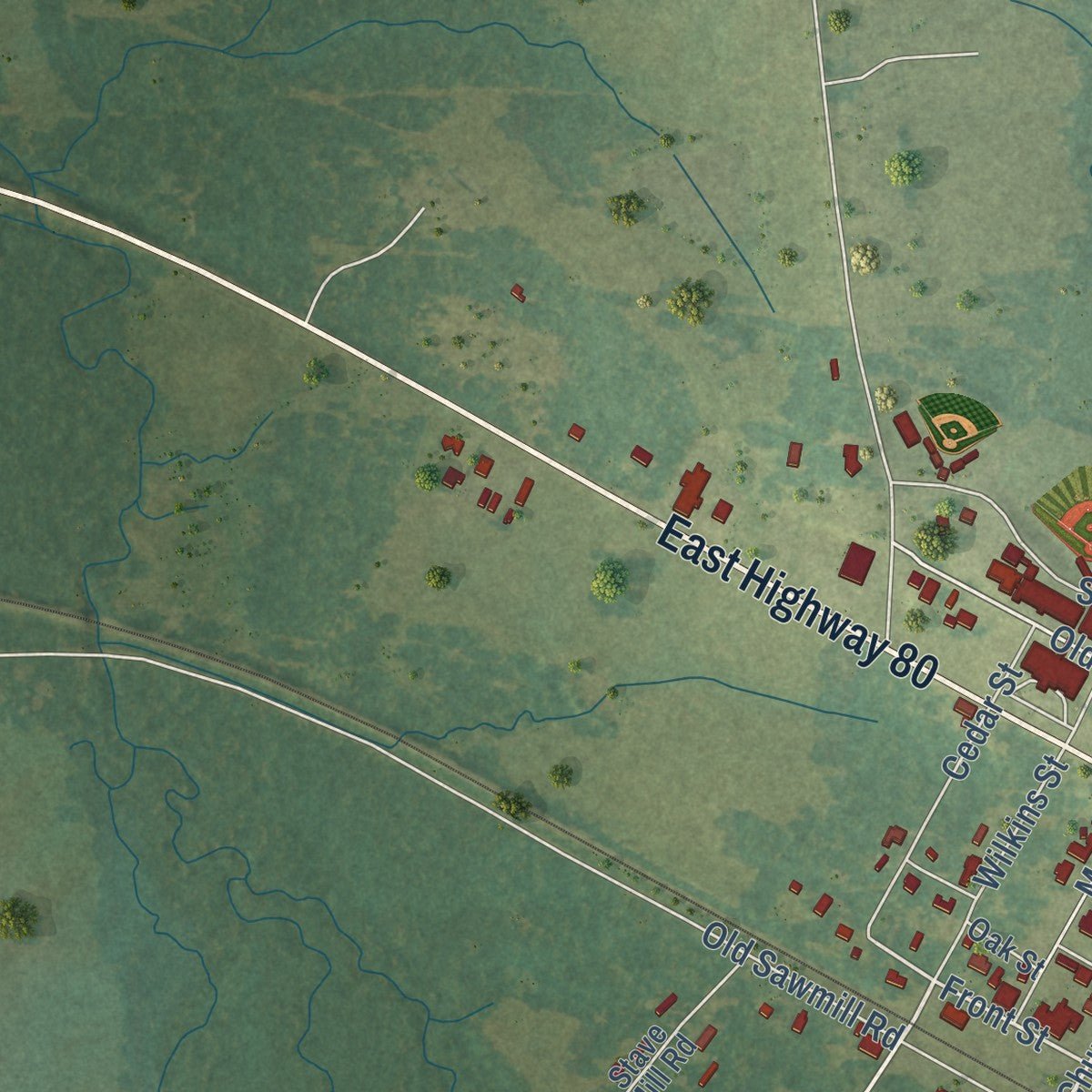 Second close-up of the map of Lake, Mississippi print showing more streets and buildings