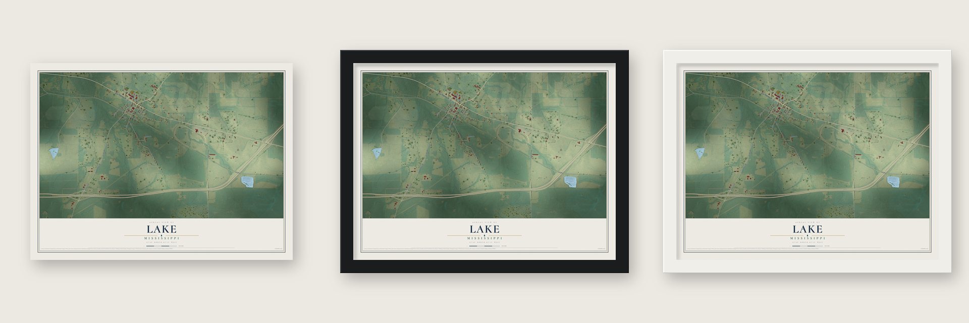 Lake, Mississippi map unframed, in a black wood frame and in a white wood frame