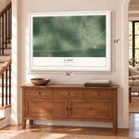 Lake, Mississippi map, 24 x 36 inch print in a white frame above a dresser by a staircase
