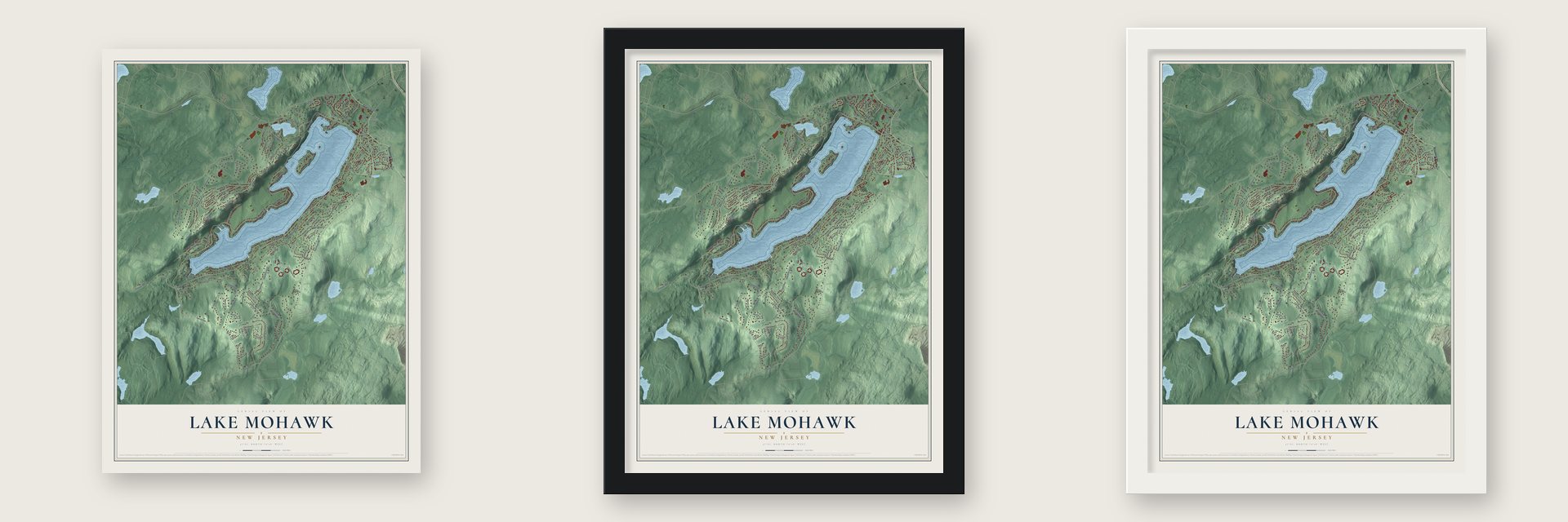 Lake Mohawk, New Jersey map unframed, in a black wood frame and in a white wood frame