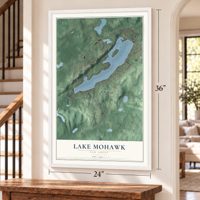 Lake Mohawk, New Jersey map, 24 x 36 inch print in a white frame by a staircase