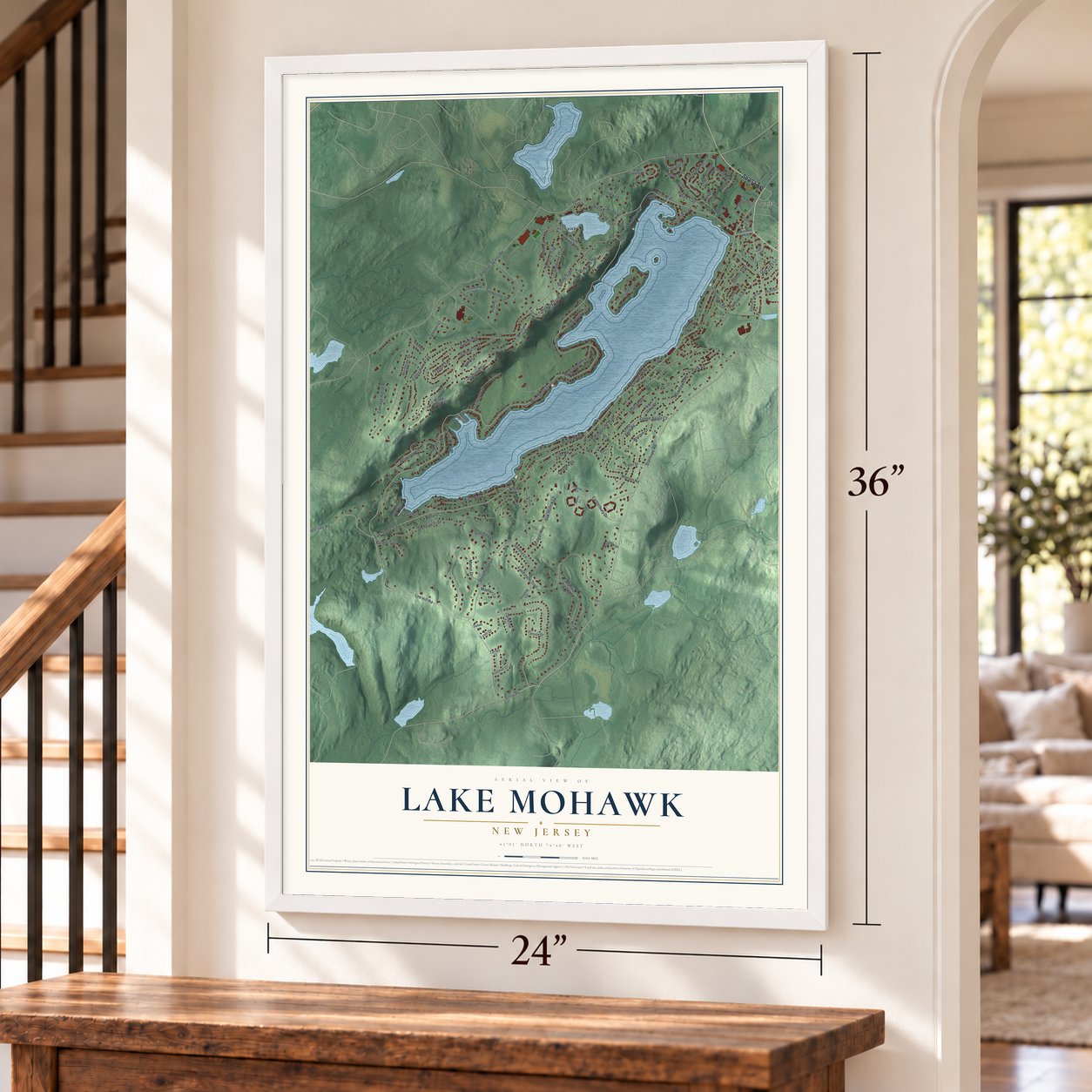 Lake Mohawk, New Jersey map, 24 x 36 inch print in a white frame by a staircase