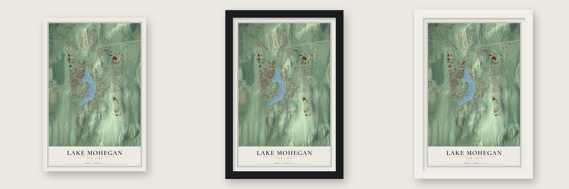 Lake Mohegan, New York map unframed, in a black wood frame and in a white wood frame