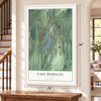 Lake Mohegan, New York map, 24 x 36 inch print in a white frame by a staircase