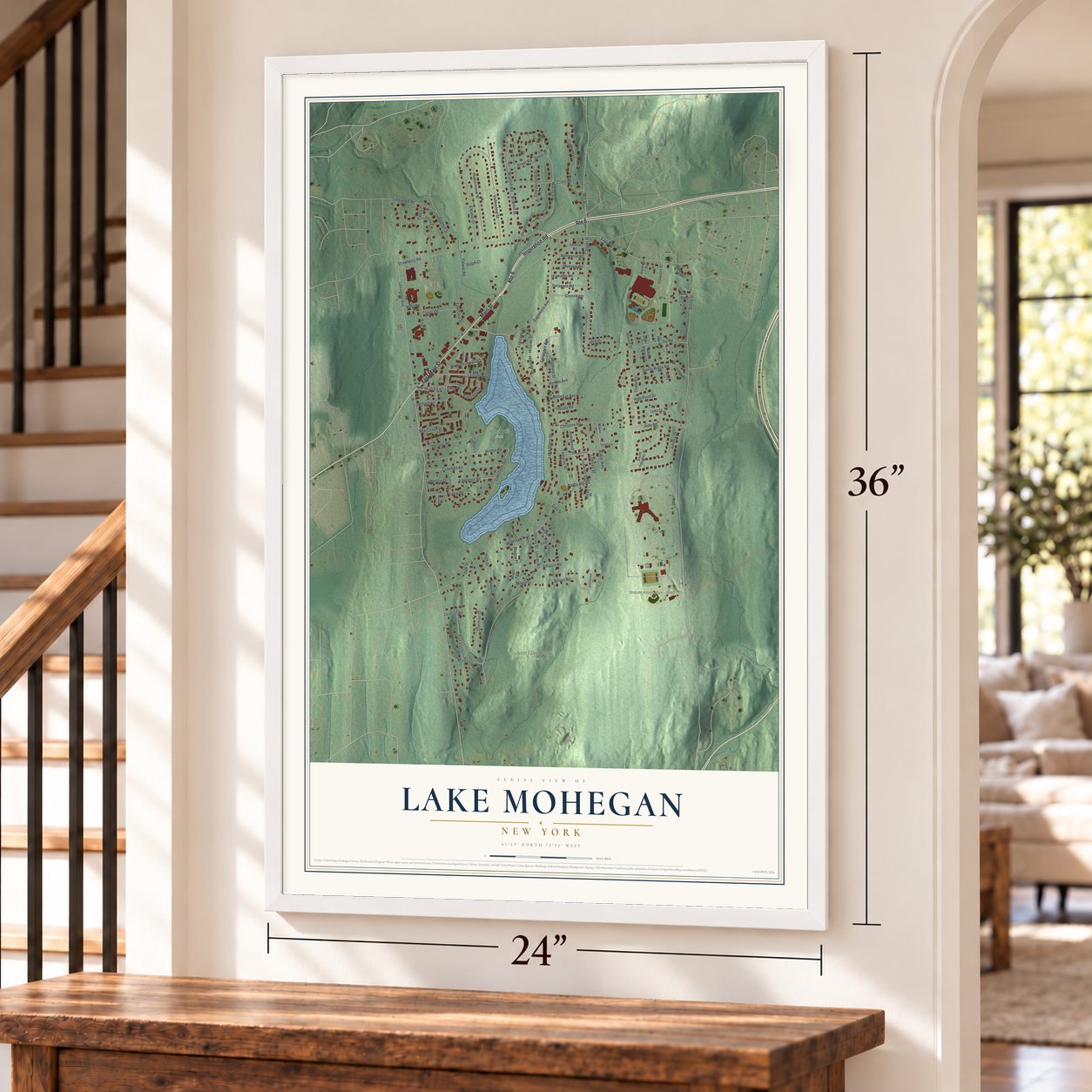 Lake Mohegan, New York map, 24 x 36 inch print in a white frame by a staircase